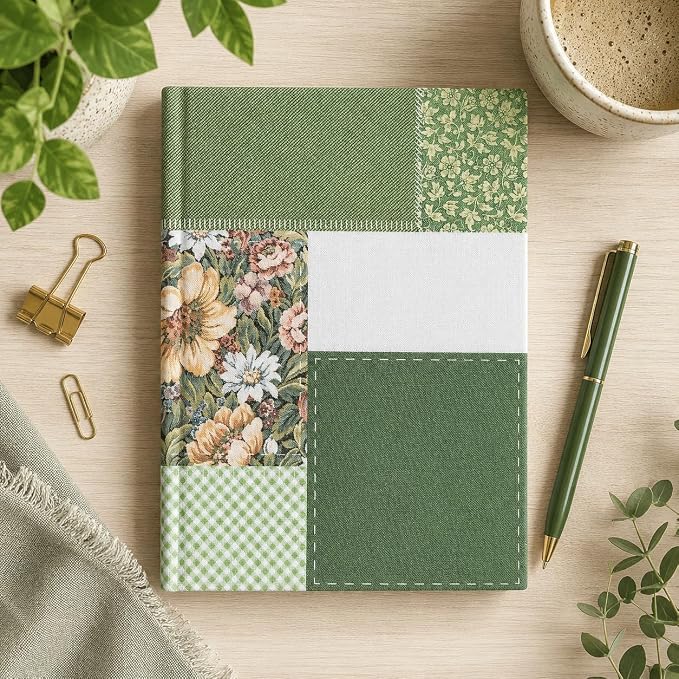 Pearhead Green Patchwork Fabric Hardcover Journal, 6x8 College-Ruled Lined - Image 9