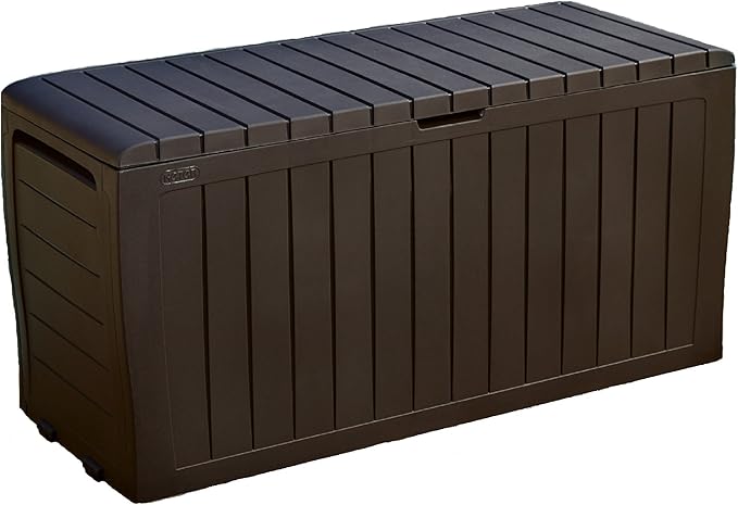 Keter Marvel Plus 71 Gallon Resin Outdoor Storage Box for Patio Furniture Cushions, Throw Pillows, Garden Tools and Pool Floats, Brown-DeskLoop Office