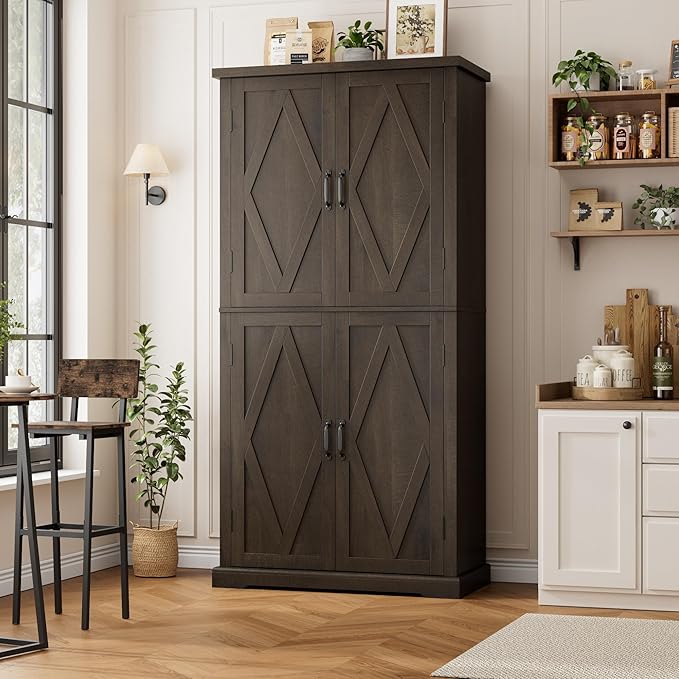 HOSTACK 64" Tall Pantry Cabinet, Modern Farmhouse Kitchen Pantry, Wood Bathroom Storage Cabinet, Large Bookcase, 4 Doors|Adjustable Shelves, for Dining Room, Living Room, Home Office, Dark Brown-DeskLoop Office