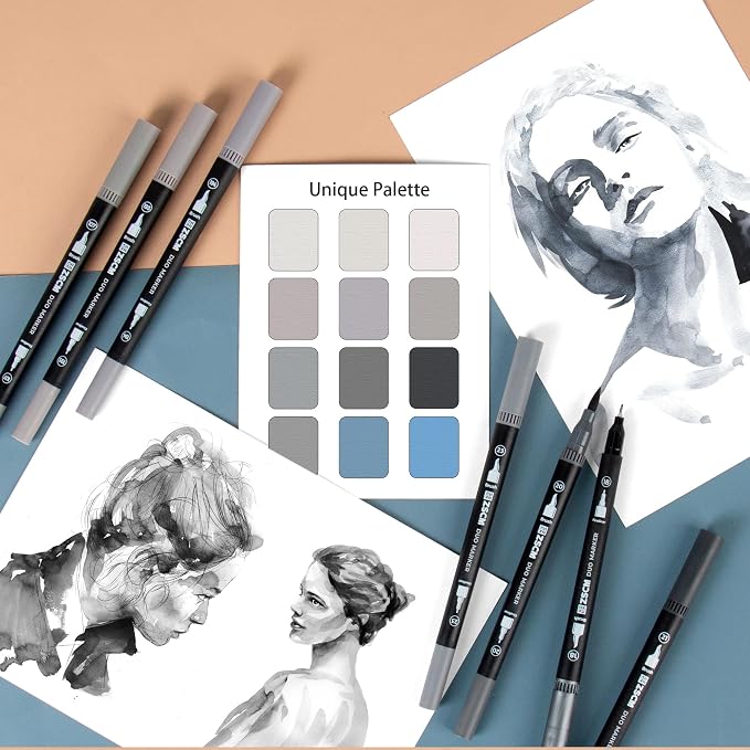 ZSCM Gray Duo Tip Marker Pens, 12 Pack Fine & Brush Markers - Image 5
