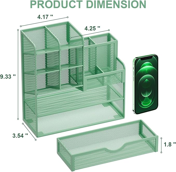Marbrasse Mesh Pen Holder for Desk, Multi-Functional Pencil Organizer with Drawer, Desk Organizers and Accessories for Office Art Supplies (Green)-DeskLoop Office