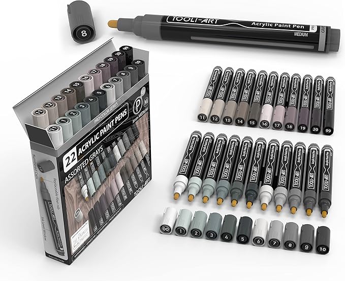 TOOLI-ART 22 Acrylic Paint Markers Paint Pens Pro Color Series Set 3mm Medium Tip for Rock Painting, Glass, Mugs, Wood, Metal, Glass Paint, Canvas, DIY. Non Toxic, Waterbased, Quick Drying (GRAYS)