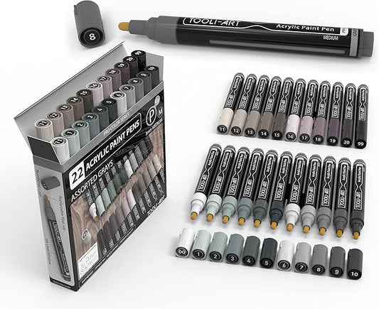 TOOLI-ART 22 Acrylic Paint Markers Paint Pens Pro Color Series Set 3mm Medium Tip for Rock Painting, Glass, Mugs, Wood, Metal, Glass Paint, Canvas, DIY. Non Toxic, Waterbased, Quick Drying (GRAYS)