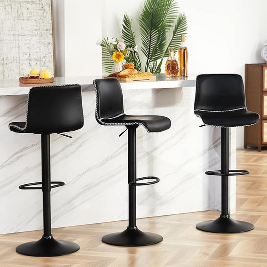 HeuGah Bar Stools Set of 3, Swivel Counter Height Barstools with Back, Adjustable Height 24" to 32", Black Faux Leather Bar Chairs for Kitchen Island (Black, Set of 3 (24'' to 32''))-DeskLoop Office