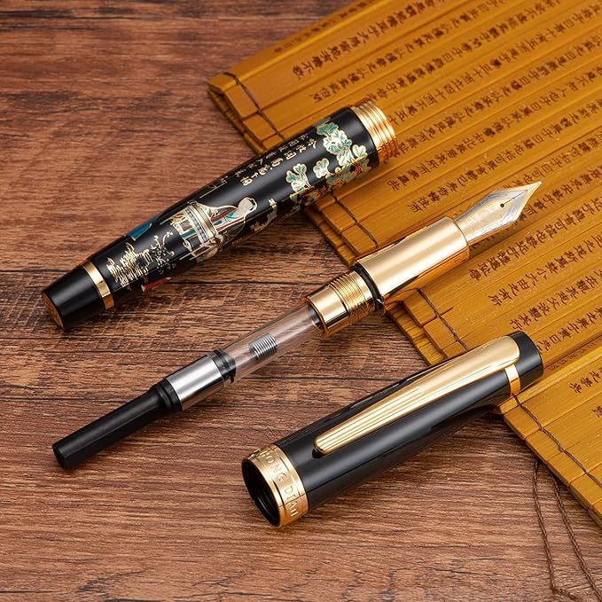 Hongdian 231 Chinese Classical Fountain Pen, Iridum Extra Fine Gold Nib with Chinese Painting Design, Smooth Writing Pen with Ink Converter and Metal Pen Box Set