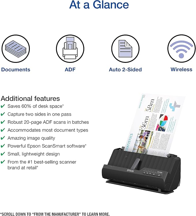 Epson - Workforce ES-C320W - Wireless Compact Desktop Document Scanner - 2-Sided Scanning and Auto Document Feeder - Paper and Card Scanner - Black-DeskLoop Office