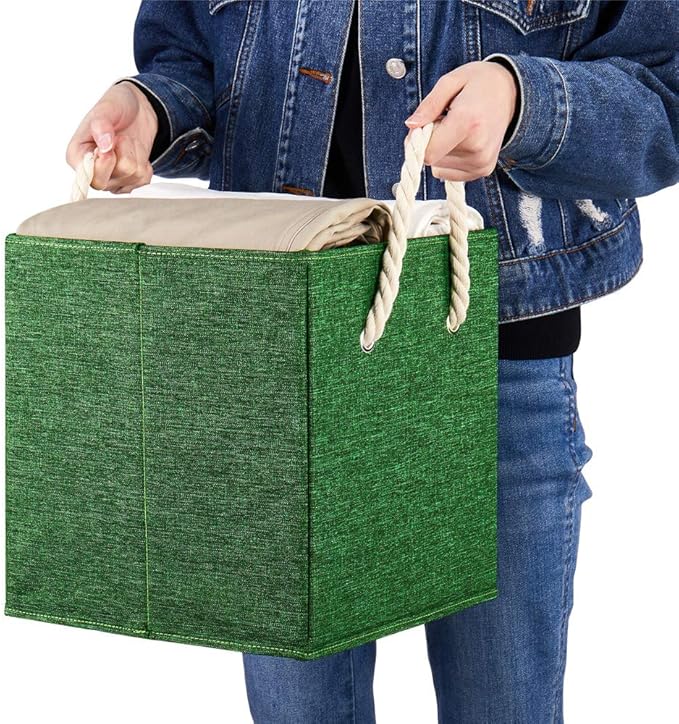 Green Foldable Fabric Cube Storage Bins Cube Storage Organizer Bins Storage Cubes Basket Drawers Organizer Decroative Storage Box Fabric Storage Cubes Baskets for Organizing Closet Shelves ,Q-ST-51-4-DeskLoop Office