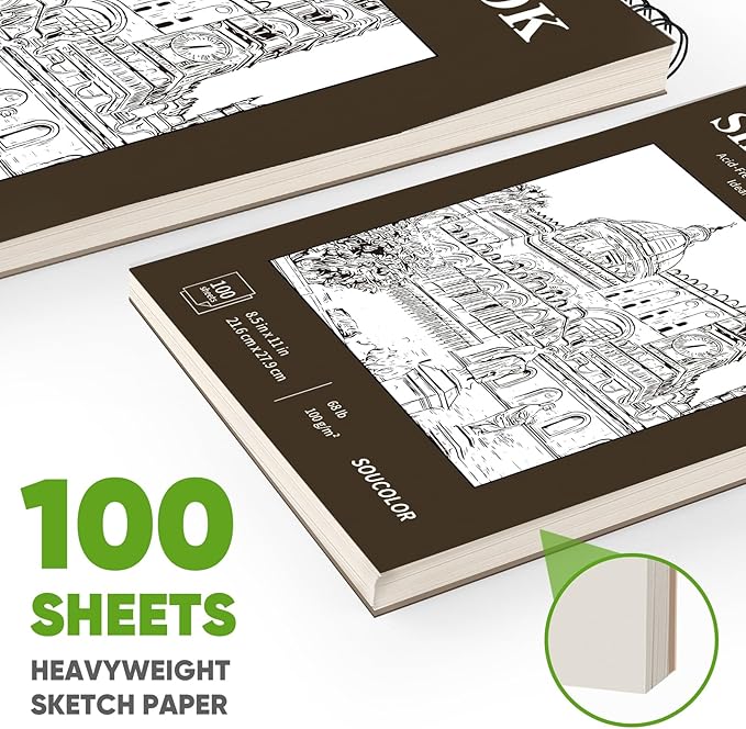 Soucolor Sketchbook 8.5x11 Hard Cover - 100 Sheets Spiral Bound Sketch Pad 8.5" x 11", 68lb/100gsm Thick Drawing Paper 8.5" x 11", Acid-Free Art Notebook for Kids Adults Classroom Teacher Must Have-DeskLoop Office