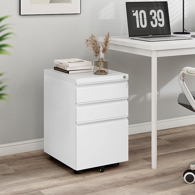 YITAHOME 3-Drawer Vertical File Cabinet, Mobile Metal Filing Cabinet with Lock for Legal/Letter Size, Pre-Built Office Storage File Cabinet Except Wheels Under Dese, White-DeskLoop Office