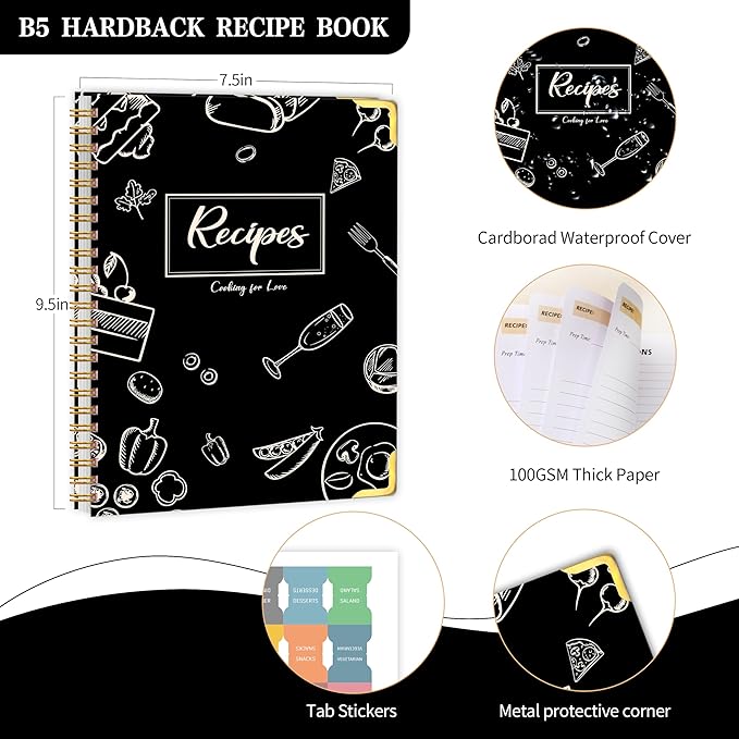 GOLDPEI Blank Recipe Book to Write in Your Own Recipes, Blank Cookbook with 175 Pages for Family Cooking Lover, Recipe Notebook with Tab Sticker Sheets, Recipe Journal, Hardcover, 7.5" x 9.5"-DeskLoop Office