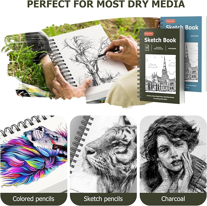 Soucolor 5.5" x 8.5" Sketchbook Pack of 2, 200 Sheets Blank Journal Notebook, A5, Spiral Bound Sketch Pad Drawing Book Acid-Free Paper (68lb/100gsm), Painting Sketching Drawing Notebook Art Supplies-DeskLoop Office