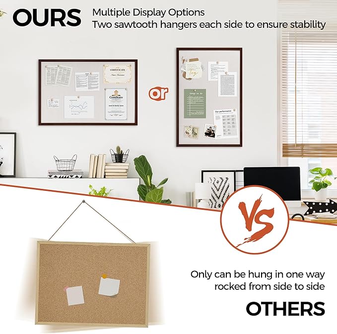 Fun Memories Cork Board Bulletin Board for Office, 20" x 30" Pine Wooden Framed Corkboard, Wall Mounted Notice Pin Board for School Home & Office, Dark Walnut-DeskLoop Office