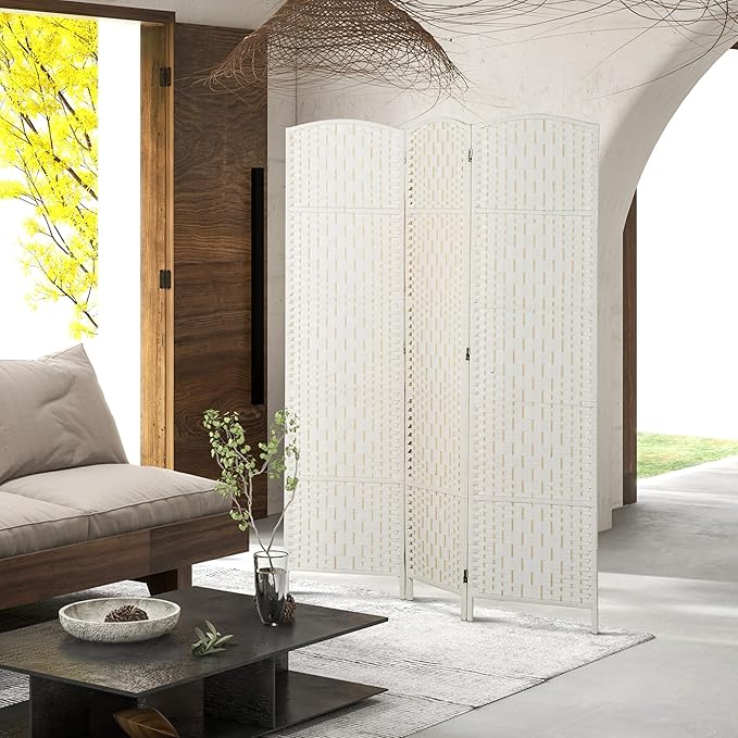 HOMCOM Room Divider, 3 Panel Folding Privacy Screen, 6FT Tall Portable Wicker Weave Partition Wall Divider for Bedroom, Home Office, White-DeskLoop Office