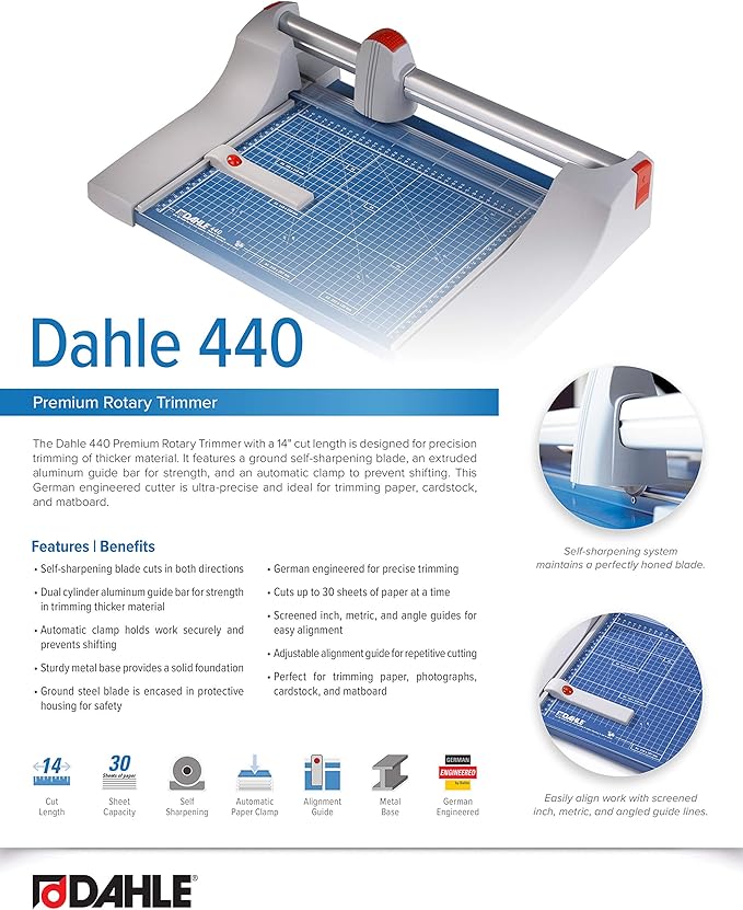 Dahle 440 Premium Rotary Trimmer, 14" Cut Length, 30 Sheet Capacity, Self-Sharpening, Automatic Clamp, German Engineered Paper Cutter-DeskLoop Office