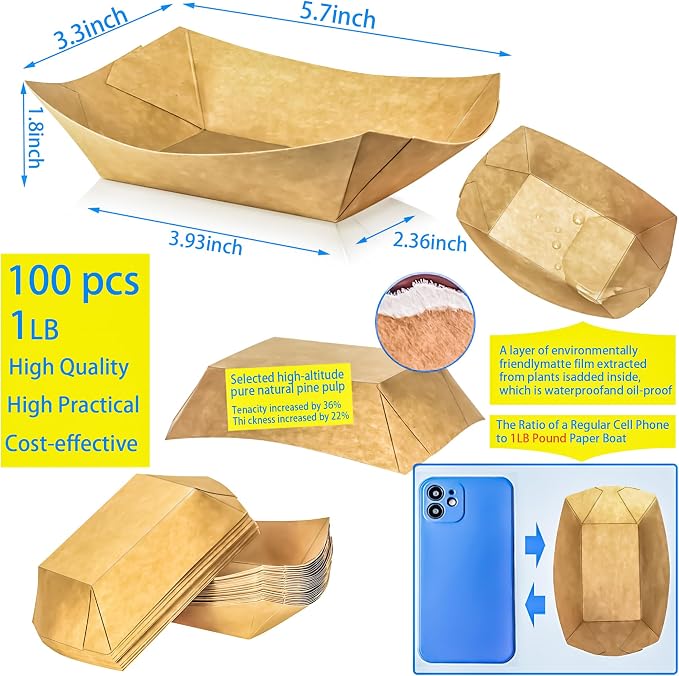 100 Pack 1Lb Paper Food Boat Trays Disposable Paper Boat Plates Containers - Image 2