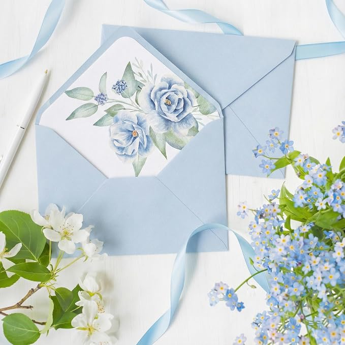 50 Pcs Baby Blue Envelopes Floral Pattern 5x7 Envelopes - Image 3