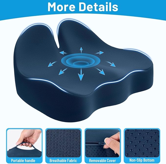 Seat Cushion, Memory Foam Office Chair Cushions, Ergonomic Curved Design for Sciatica, Tailbone, Coccyx, Seat Support for Car, Desk Chair, Wheelchair, Enhances Long Sitting Comfort (Blue)-DeskLoop Office