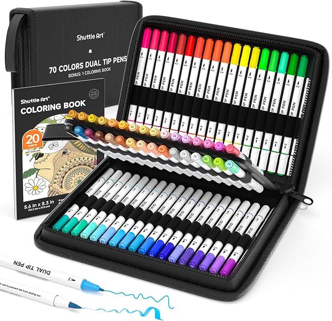 Shuttle Art Dual Tip Brush Pens, 70 Colors, Fine and Brush Dual Tip Markers Set, Portable Storage Case, Ideal for Calligraphy, Coloring, Doodling, Writing-DeskLoop Office