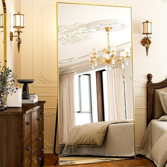 GLSLAND-38 x 77" Rectangular Full Length Mirror - Large Floor Mirrors Aluminum Alloy Frame Full Body Dressing Mirror for Bedroom, Living Room,Gold-DeskLoop Office
