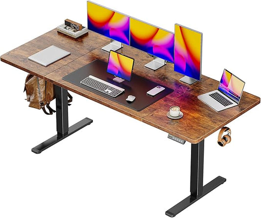 Huuger 63 x 28 Large Electric Standing Desk, Height Adjustable Computer Desk, 27.6" Deep Desktop, Stand up Gaming Office Table with 2 Hooks, 3 Preset Heights, for Home Office, Rustic Brown-DeskLoop Office