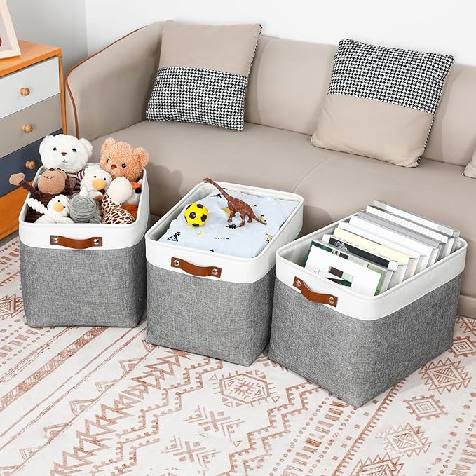 DULLEMELO Large Storage Baskets, Fabric Storage Basket with Leather Handles for Shelves Closet Nursery Toy Storage, Collapsible Fabric Baskets for Toy Book Magazine Towel Organizers(White&Gray)-DeskLoop Office