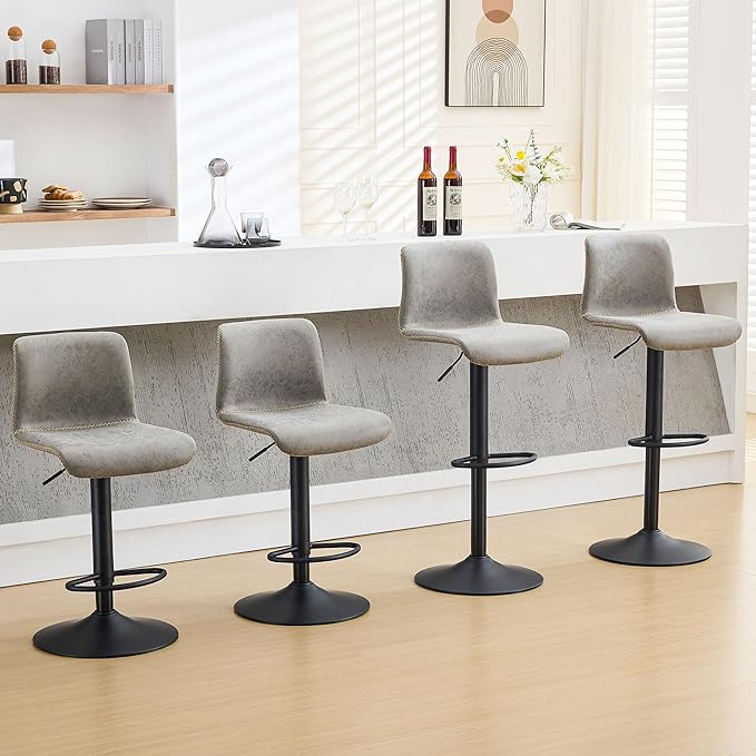 HeuGah Swivel Bar Stools Set of 4, Counter Height Bar Stools with Back, Adjustable Bar Stools 24" to 32", Gray Faux Leather Bar Chairs for Kitchen Island (Gray, Set of 4 (24'' to 32''))-DeskLoop Office