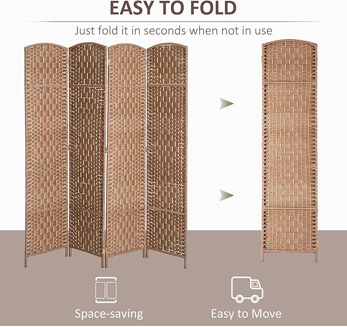HOMCOM Room Divider 4 Panels Folding Privacy Screen 6FT Tall Portable Wicker Weave Partition Wall Divider for Bedroom Home Office, Natural Wood-DeskLoop Office