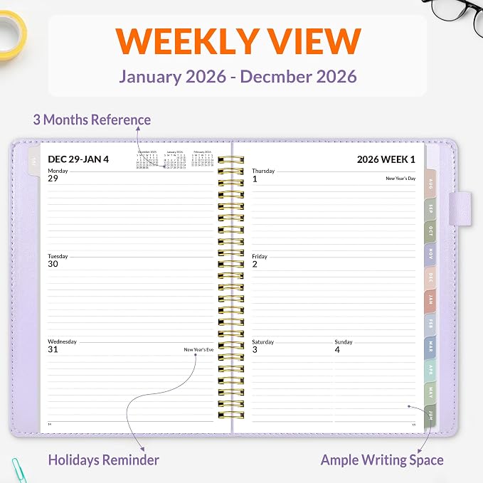 SUNEE 2026 Weekly & Monthly Planner 6.4"x8.5"- 12 Month, Vegan Leather Cover - Image 3