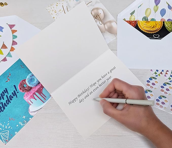 100 Happy Birthday Cards Bulk, Folded with Envelopes, Stickers, Large 5x7 Inch, and Generic Greetings Inside for Office, Business, Employees and Personal