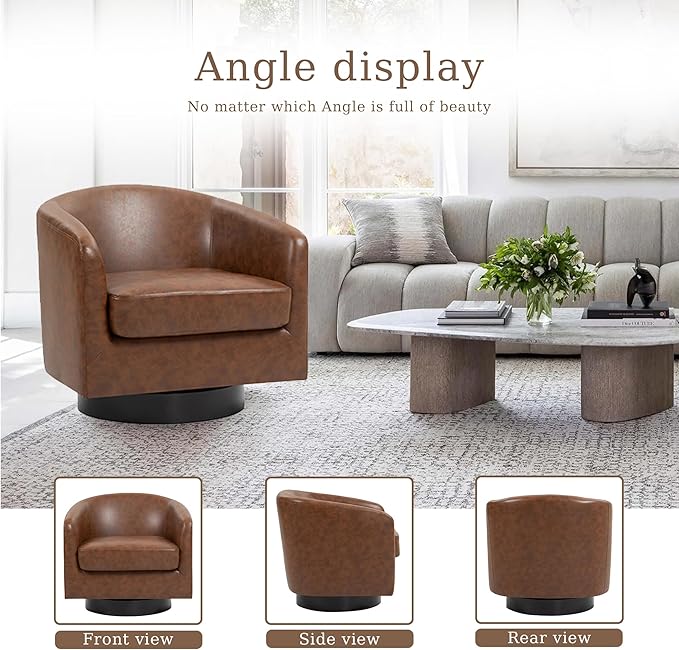 UIXE Faux Leather Swivel Accent Chair with Wood Base, Modern Upholstered Barrel Chairs for Living Room, Comfy Round Armchair Single Sofa Bedroom Reading Seat - 31" W, Coffee-DeskLoop Office