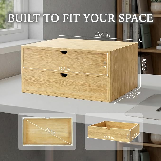 Bamboo Desk Organizer with 2 Drawers, Desktop Drawers Wooden Storage Box 13.4 x - Image 3