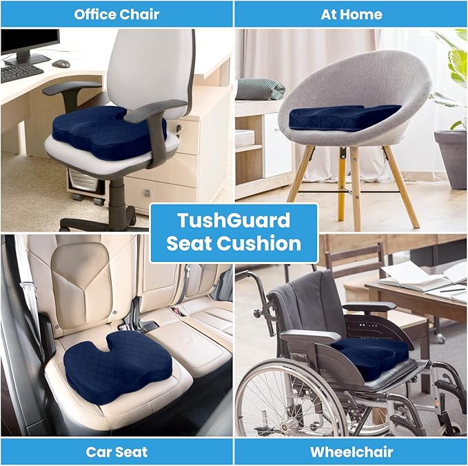TushGuard Seat Cushion - for Office Chair, Car Seat, Airplane, Bleacher - Sciatica & Coccyx Pain Relief Desk Chair Cushion for Long Sitting Office Workers, Car Drivers(Blue,X-Large)-DeskLoop Office