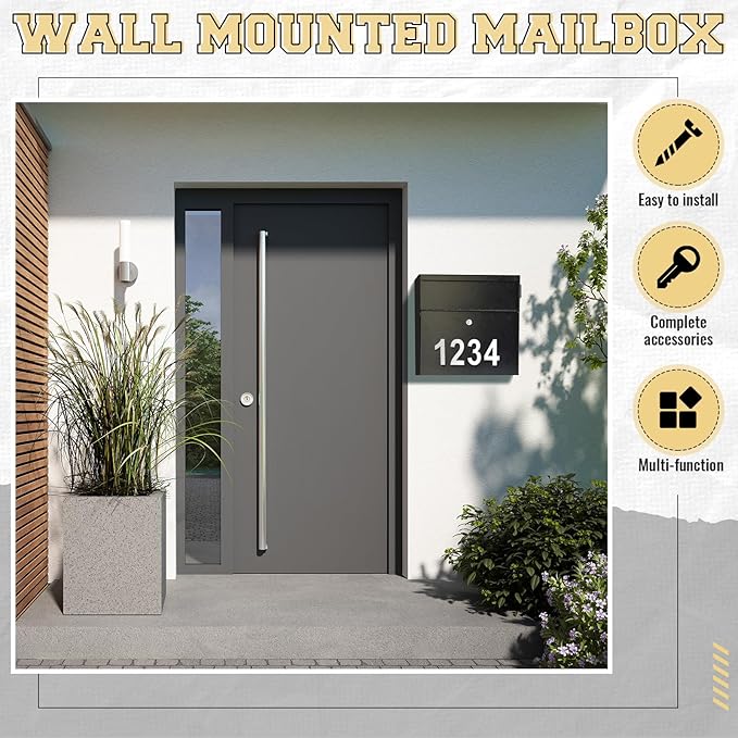 Extra Large Wall Mount Mailboxes for Outside 15.35 x 15 x 7 Inches Locking Security Mail Box Galvanized Steel Wall Mailbox Large Capacity Post Box with Key Lock and Reflective Stickers(Black)-DeskLoop Office