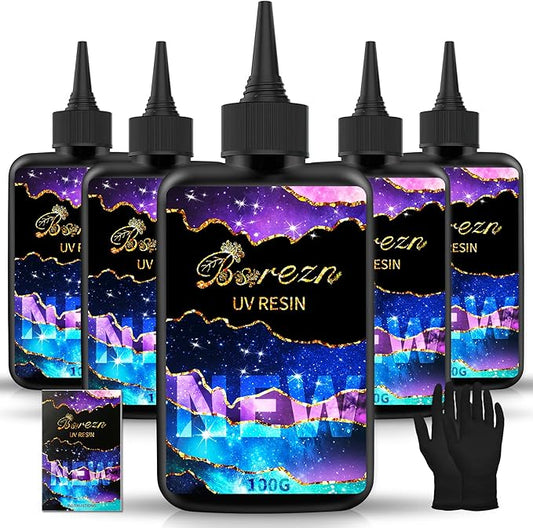 Bsrezn 500g UV Resin Hard with 2 Pairs of Gloves Crystal Clear Premixed Resina UV for Jewelry Making (100g x 5)