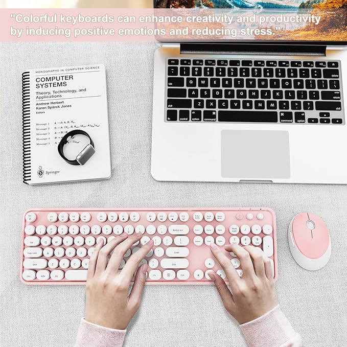Wireless Keyboard and Mouse Combo, Ergonomic Full Size Typewriter Retro Round Keycaps Keyboard, Compatible with Windows, PC, Perfer for Home and Office Keyboards (Lovely Pink)-DeskLoop Office
