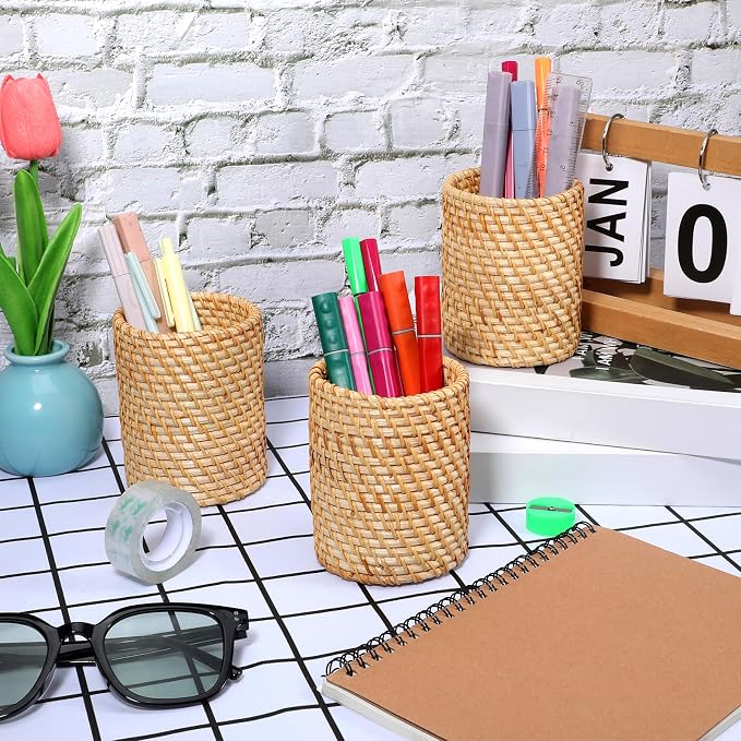 3 Pcs Rattan Pencil Holder, Handmade Pen Cup Durable Cylinder Makeup Brush - Image 2