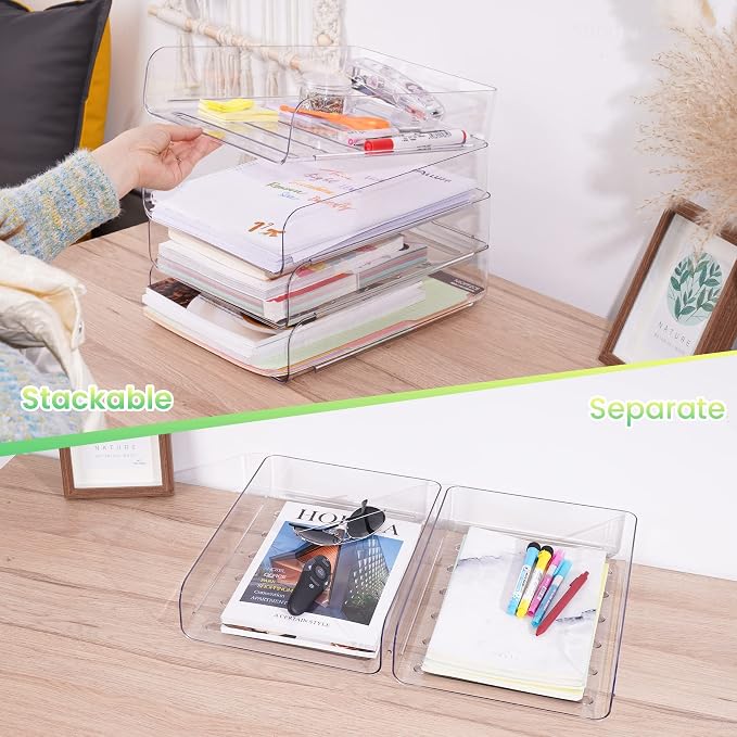 Tomorotec Desk Letter Tray Set, A4 Size Clear PET Stackable Document Organizer - Image 2