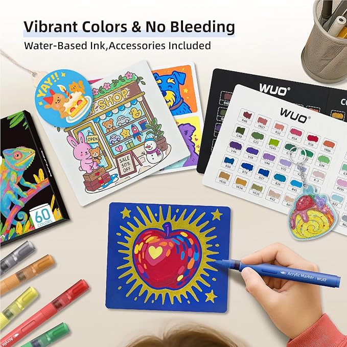 WUO 60 Colors Acrylic Paint Markers (2 Metallic), Automatic Ink Control Brush Tip for Multi-Surface, Water-Based No-Bleed Markers Acrylic Paint Pens for Rock Painting, Wood, Canvas, Glass, DIY Crafts-DeskLoop Office