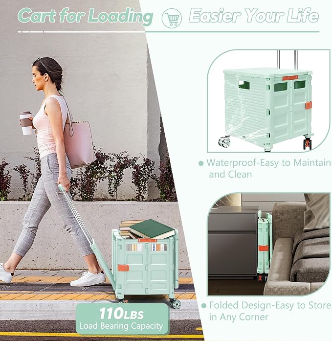 FELICON SELORSS Folding Utility Cart Portable Rolling Crate Handcart-Green | - Image 4