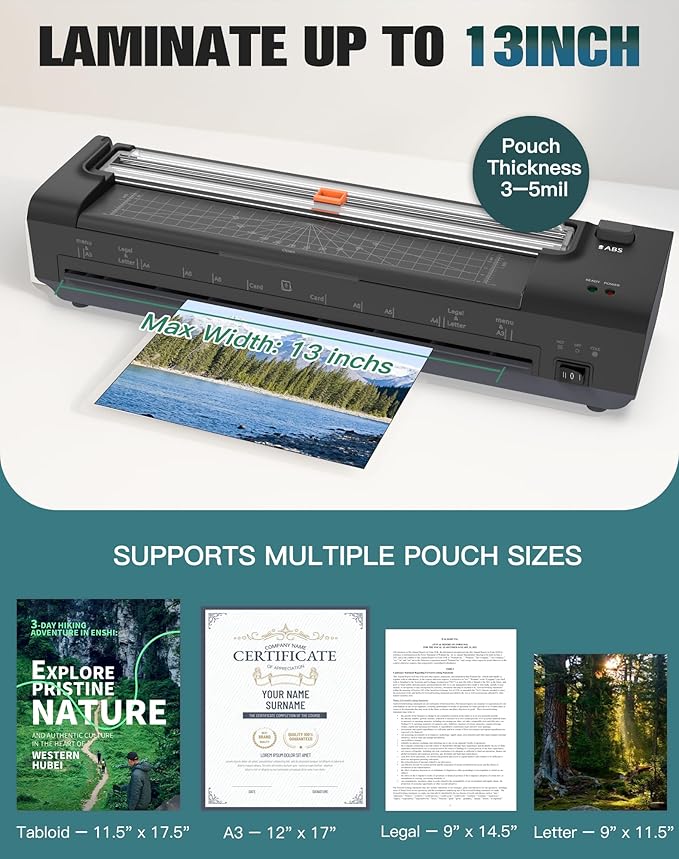 13 Inch Laminator Machine with Auto Paper Feed, Never Jam A3 Thermal & Cold Lamination, 20 Laminating Sheets, 10-in-1 Laminator with Cutter, Trimmer & Corner Rounder for Office School Home Use Black-DeskLoop Office