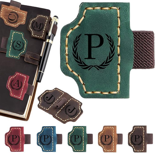 Artlaza Personalized Magnetic Leather Bookmark with Pen Holder - 26 Letters Custom Book Mark with Name Initial Engraved Book Marker for Readers, Book Lovers, Travelers - Gift for Women & Men(Green，P
