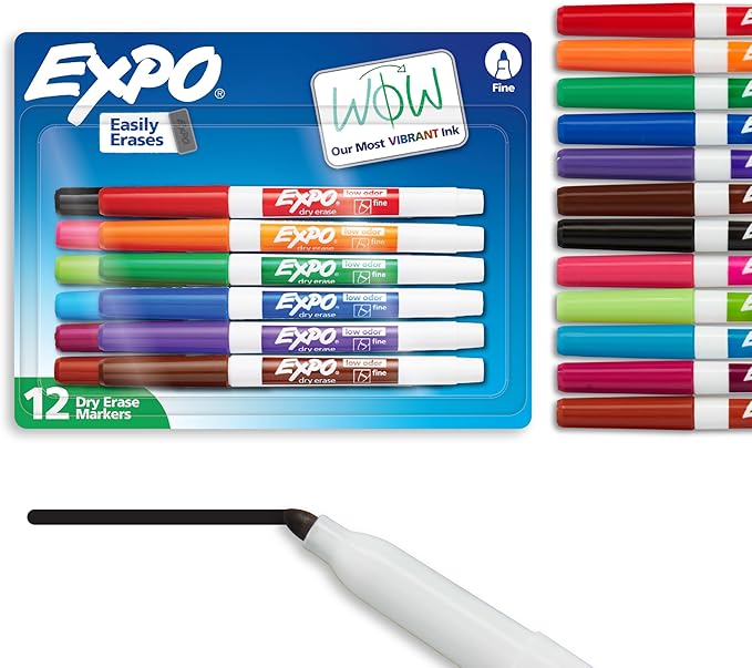 EXPO Low Odor Dry Erase Markers Fine Tip Assorted Colors 12 Count-DeskLoop Office