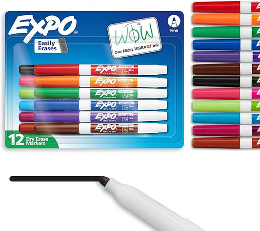 EXPO Low Odor Dry Erase Markers Fine Tip Assorted Colors 12 Count-DeskLoop Office