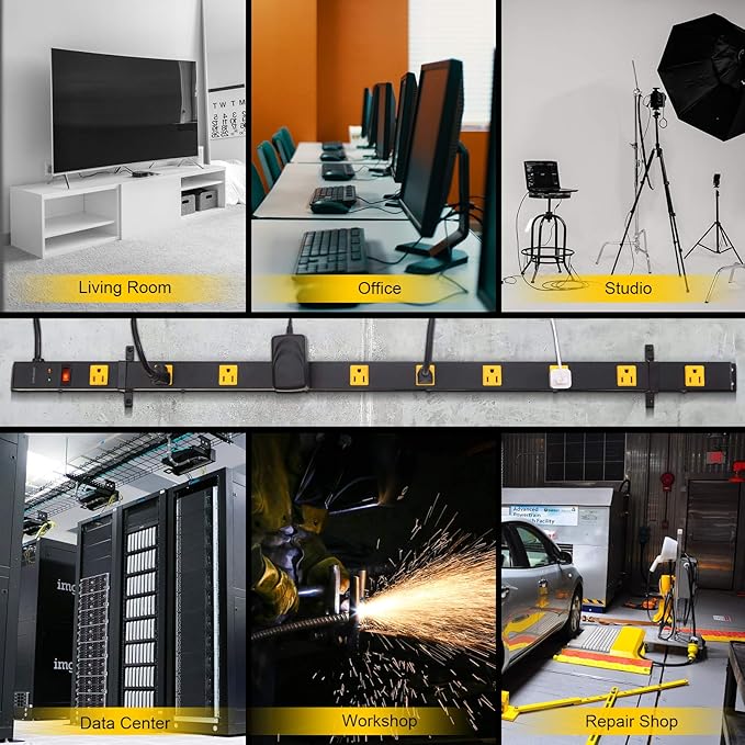 SURAIELEC 10 Outlet Long Power Strip Surge Protector, Industrial Heavy Duty Metal Shop Power Strip with Flat Plug, 1000 Joules, 15 AMP Breaker, 6FT Cord, Wall Mountable, for Work Bench, Shop, Garage-DeskLoop Office