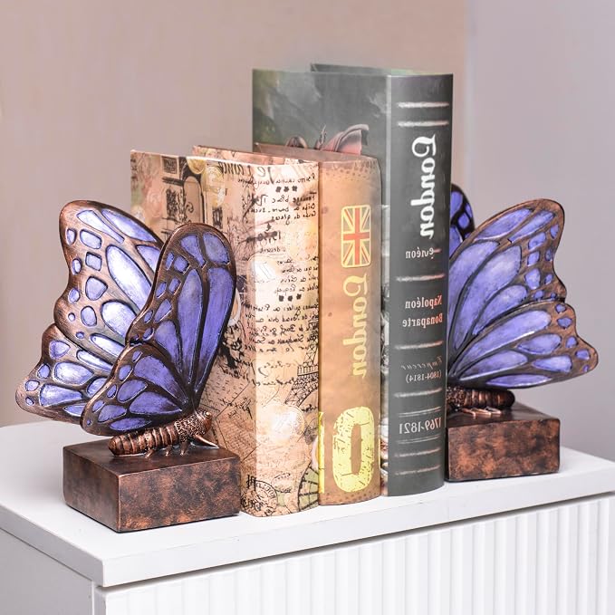 Vintage Purple Butterfly Bookends, Resin Book Ends - Image 2