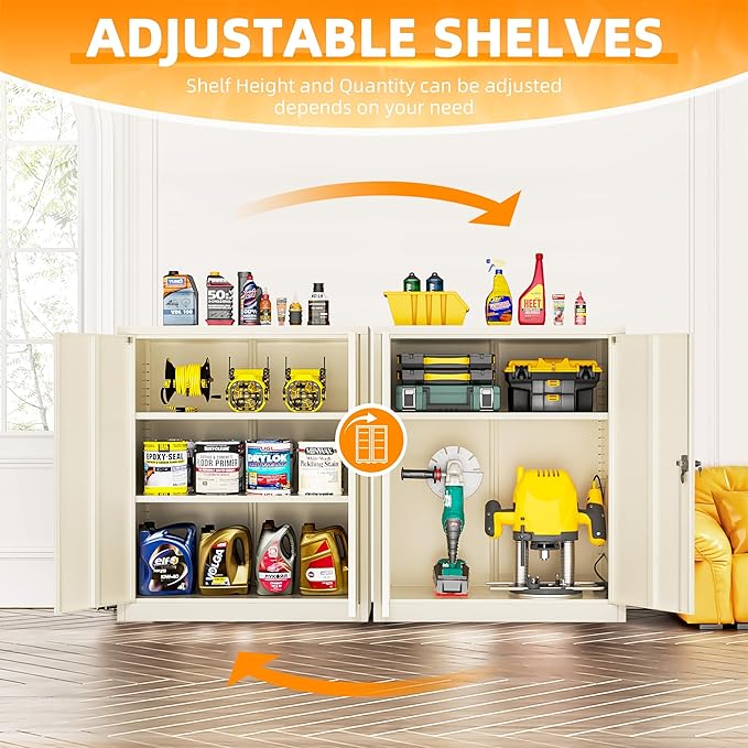 INTERGREAT Metal Cabinet with Lock, Lockable Metal Storage Cabinets with Doors and Shelves for Garage, Cream Grey Locking Garage Storage Cabinets 36"×32"×16"-DeskLoop Office