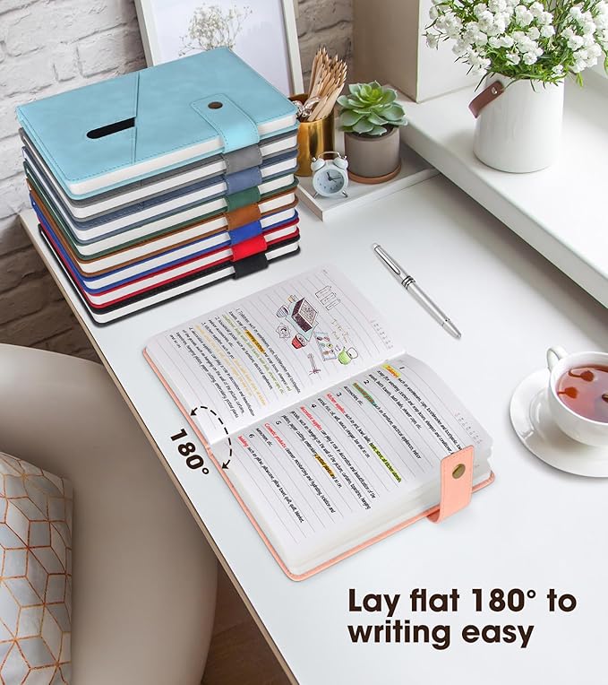 Pink A5 Lined Leather Journal Notebook for Men Women,5.9" X 8.4" Personalized Hardcover Journal with Pen,200 Pages 100 Gsm Thick Ruled Paper Daily Diary for Travel,Business,Work,Writing-DeskLoop Office