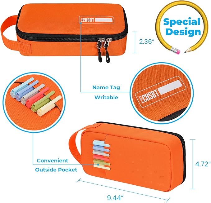 ECHSRT Big Pencil Case, Aesthetic Portable Zipper Pencil Bag with Hidden Pocket, Special Pouch for Men Women Adults, Stationery Organizer Pen Cases for Office Travel, Orange-DeskLoop Office