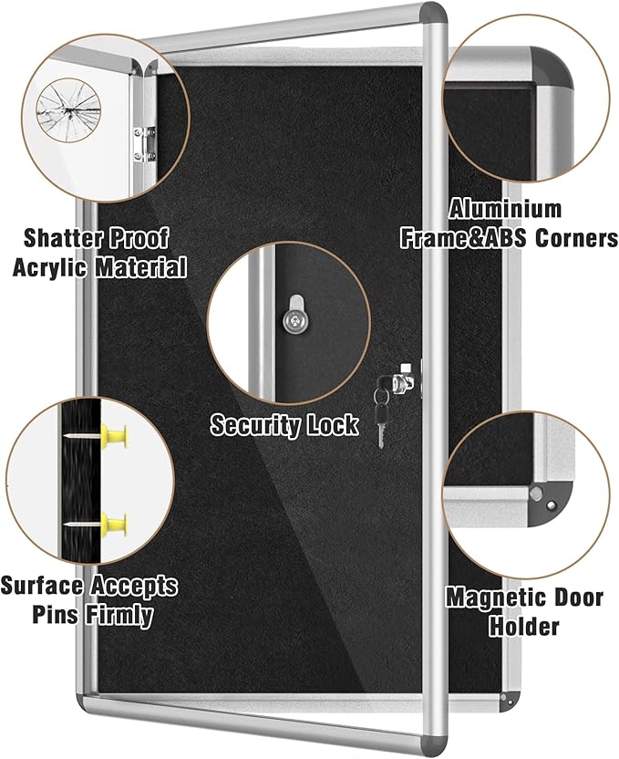 36"x24" Enclosed Bulletin Board, Lockable Weather-Resistant Aluminum Cork Noticeboard for School & Office, Silver Frame w/Black Flet-DeskLoop Office