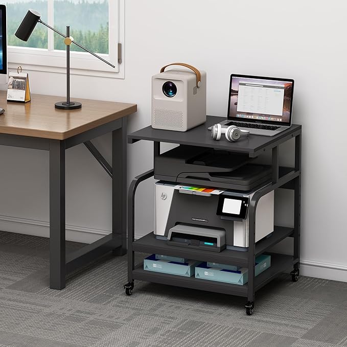 25.6" x 23.6" Extra Large Printer Stand Table with Adjustable Storage Shelf, 3 Tier Rolling Printer Cart with Industrial Wheels for Home Office, Black-DeskLoop Office